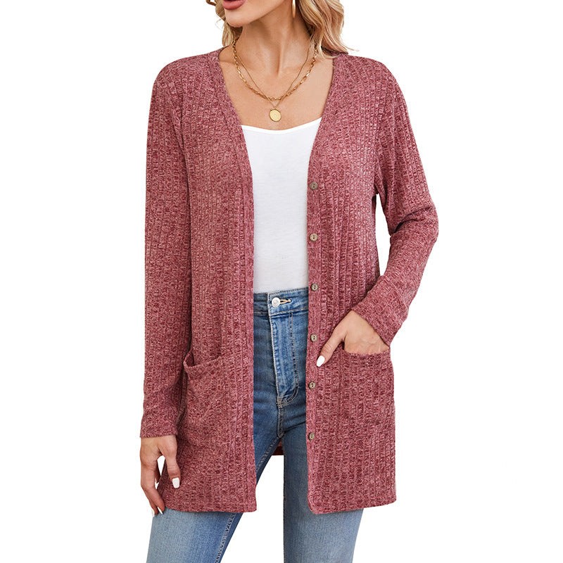 Ribbed Open Front Cardigan With Patch Pockets - Red