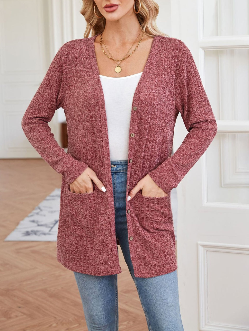 Ribbed Open Front Cardigan With Patch Pockets - Red - 1