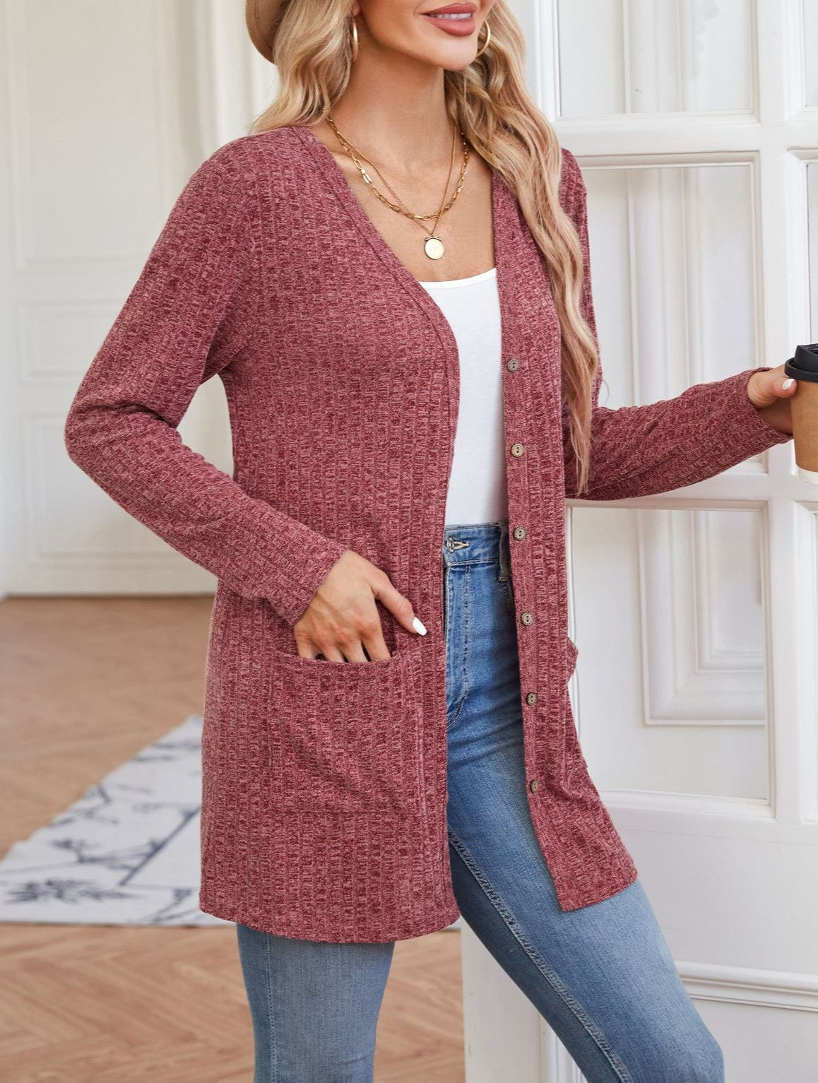 Ribbed Open Front Cardigan With Patch Pockets - Red - 2