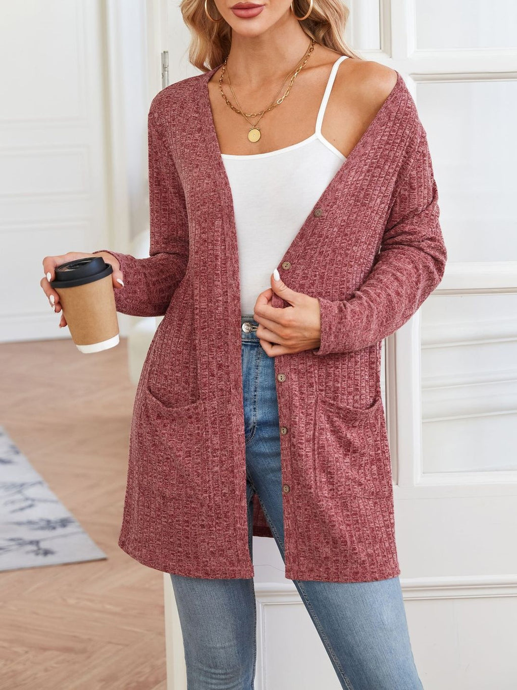 Ribbed Open Front Cardigan With Patch Pockets - view 1