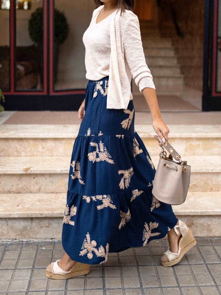 Tiered Maxi Skirt With Botanical Print - DarkBlue - 1