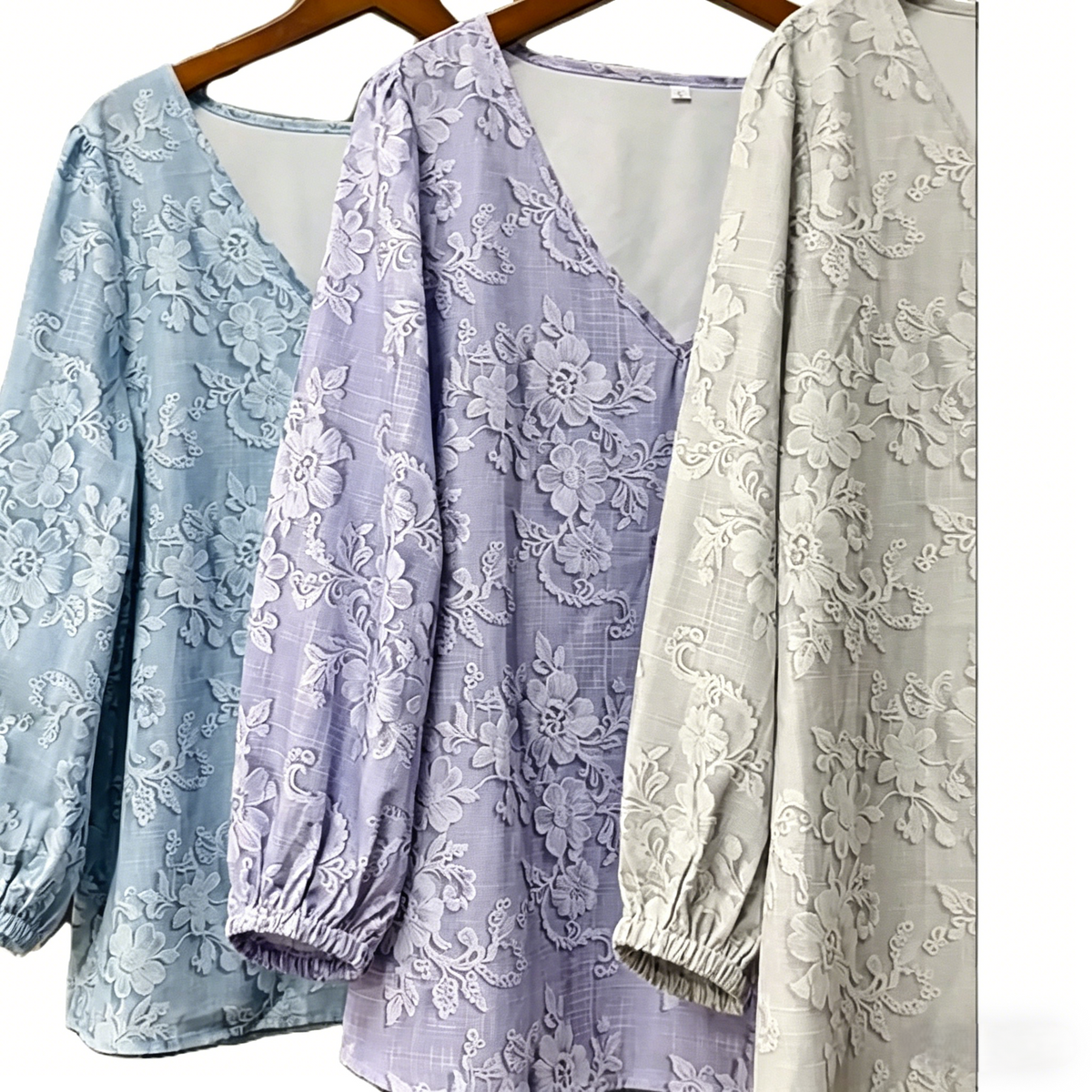 Embroidered Floral Lace Shirt With Puff Sleeves - Purple