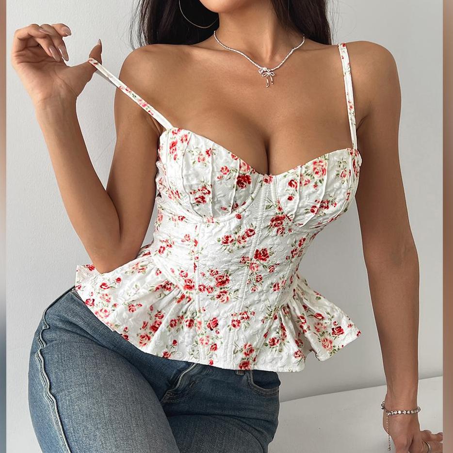 Ditsy Floral Peplum Corset With Lace Up Back - Decor