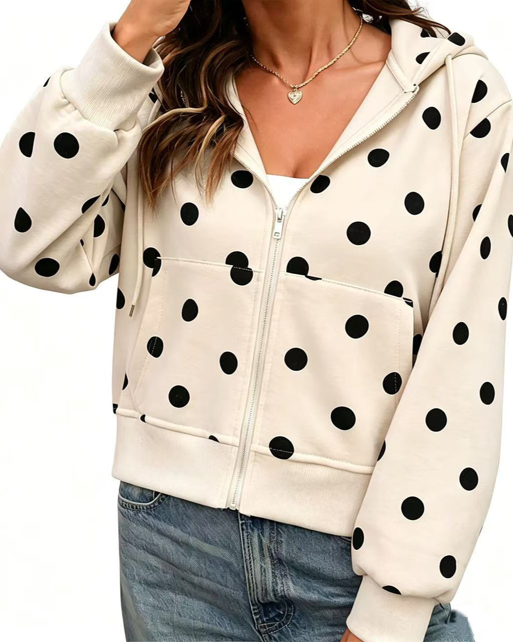 Spotted Print Hooded Jacket With Zip Front - Apricot