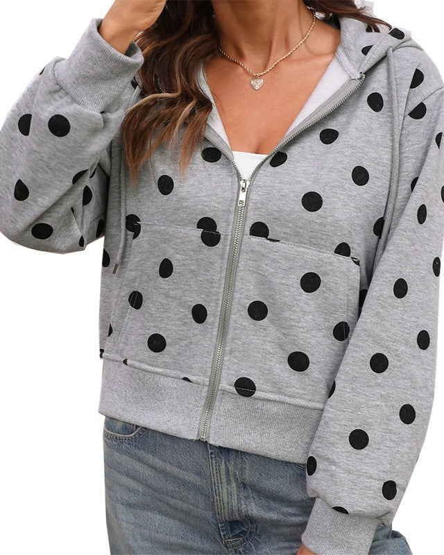 Spotted Print Hooded Jacket With Zip Front - Grey - 1
