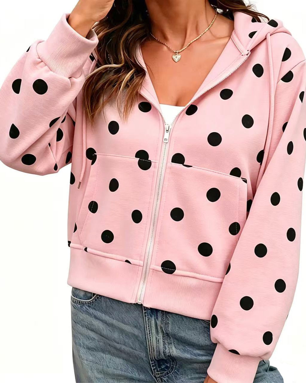 Spotted Print Hooded Jacket With Zip Front - Pink
