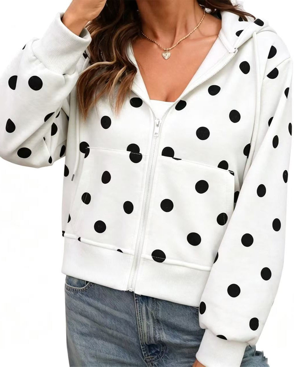 Spotted Print Hooded Jacket With Zip Front - White