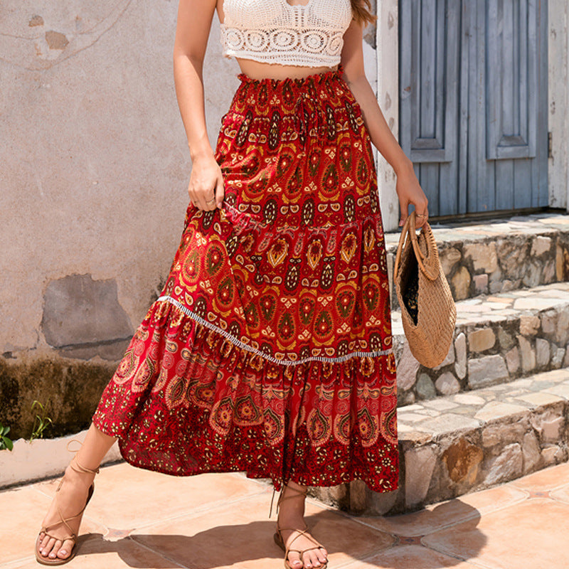 Boho Paisley Border Print Tiered Maxi Skirt - Red