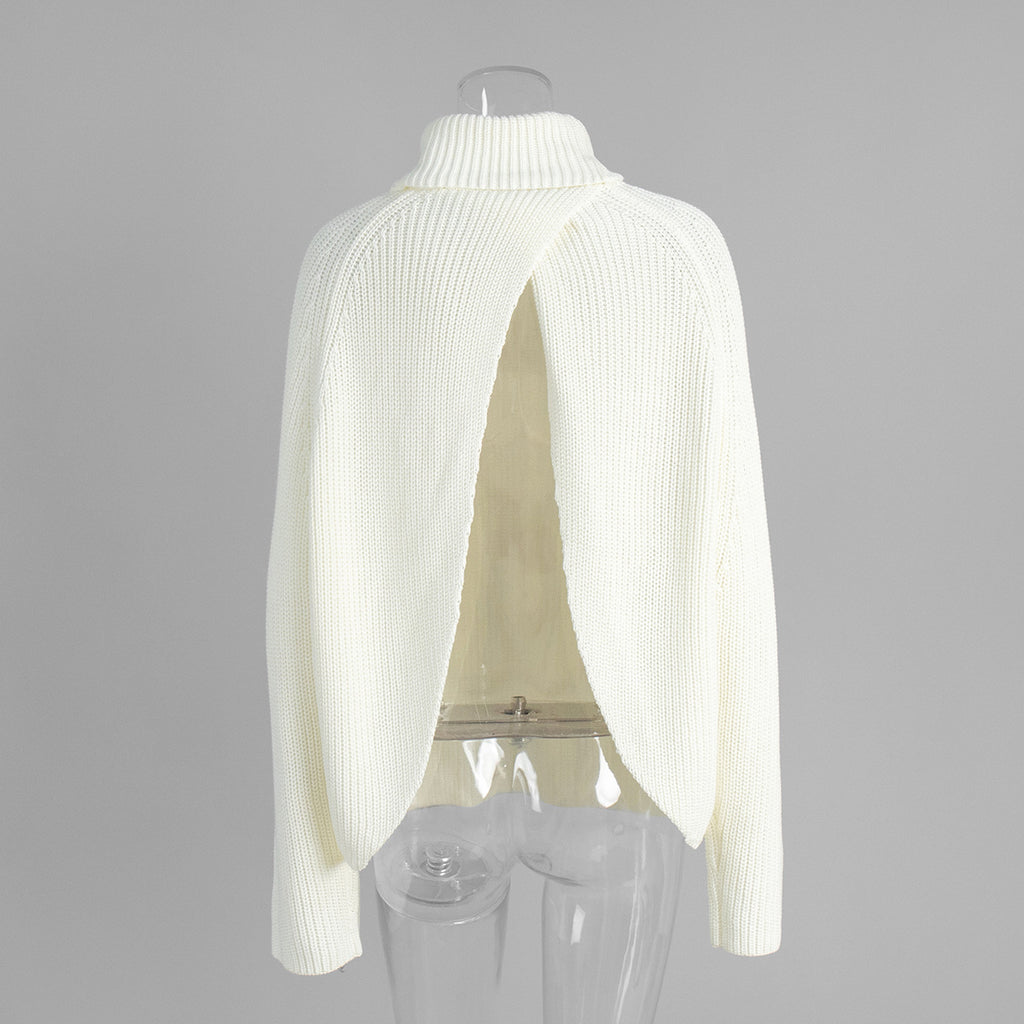 Split Back Roll Neck Ribbed Knit Sweater - Beige - 1