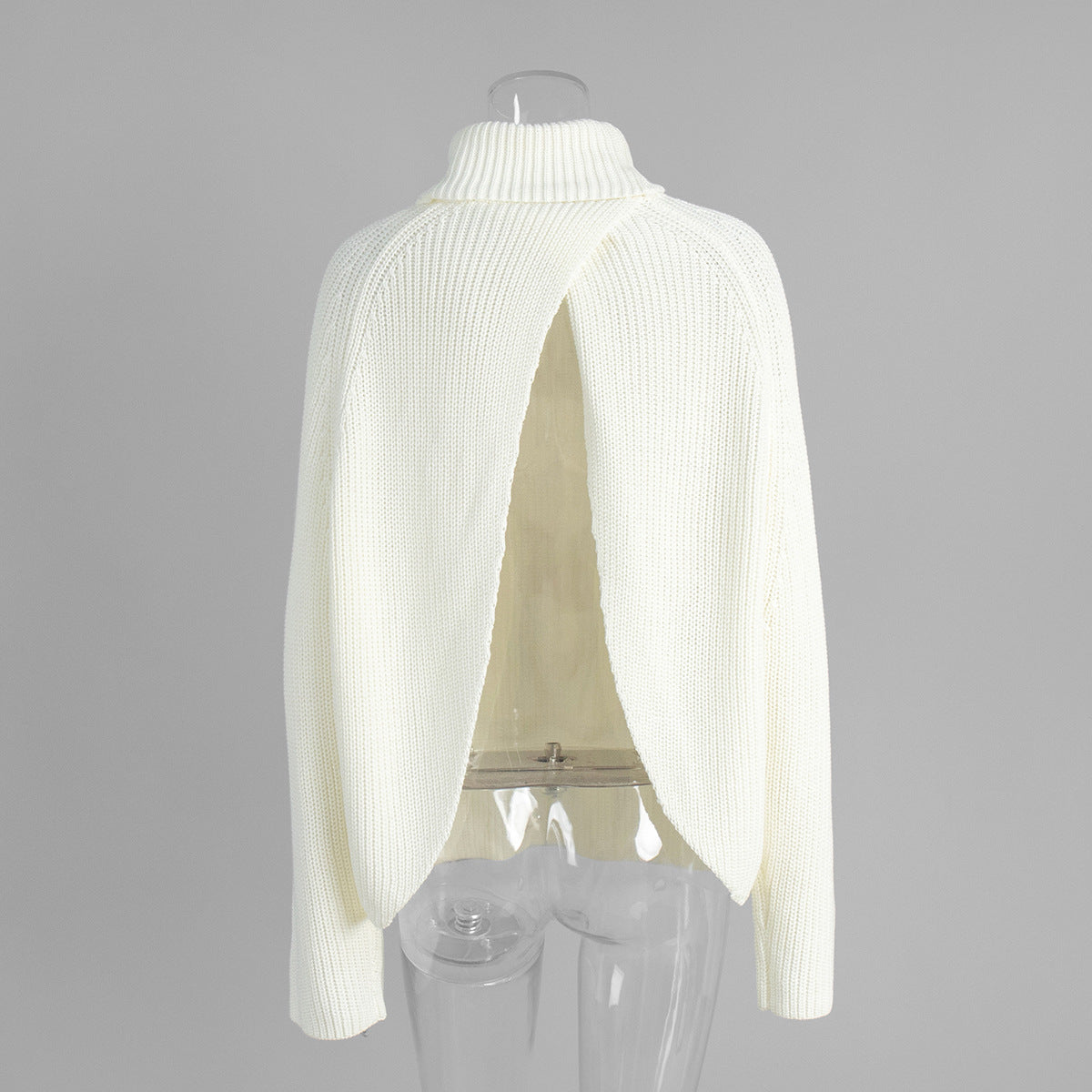Split Back Roll Neck Ribbed Knit Sweater - Beige - 1