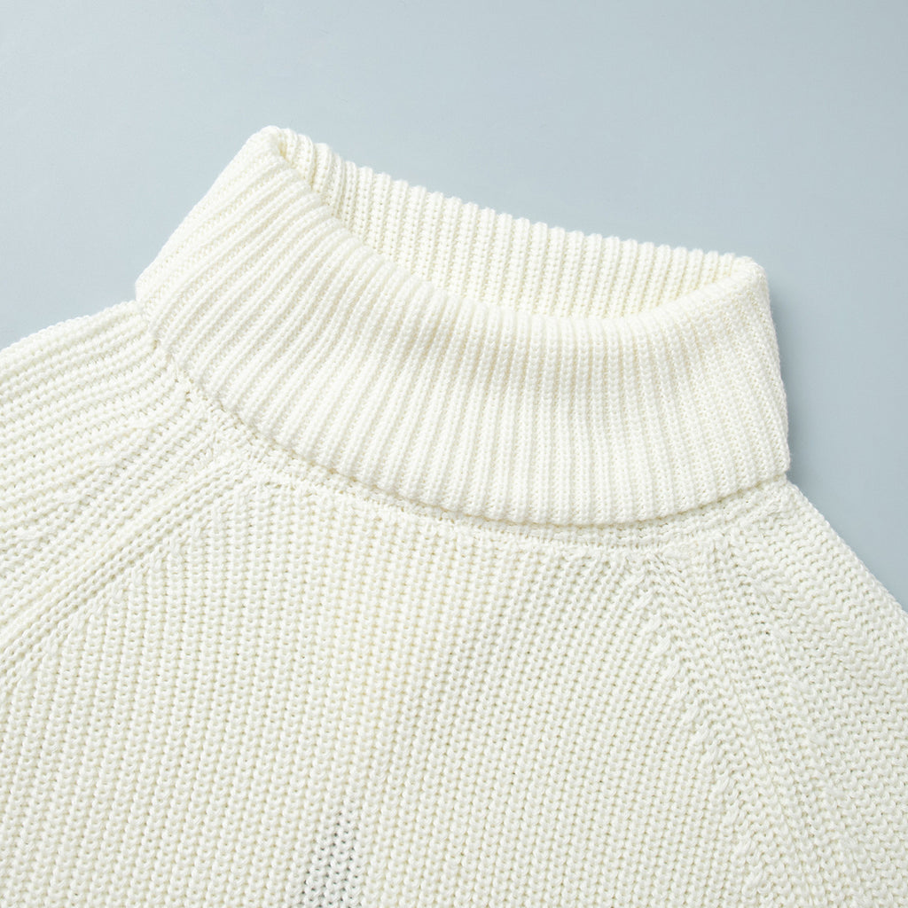 Split Back Roll Neck Ribbed Knit Sweater - Beige - 2