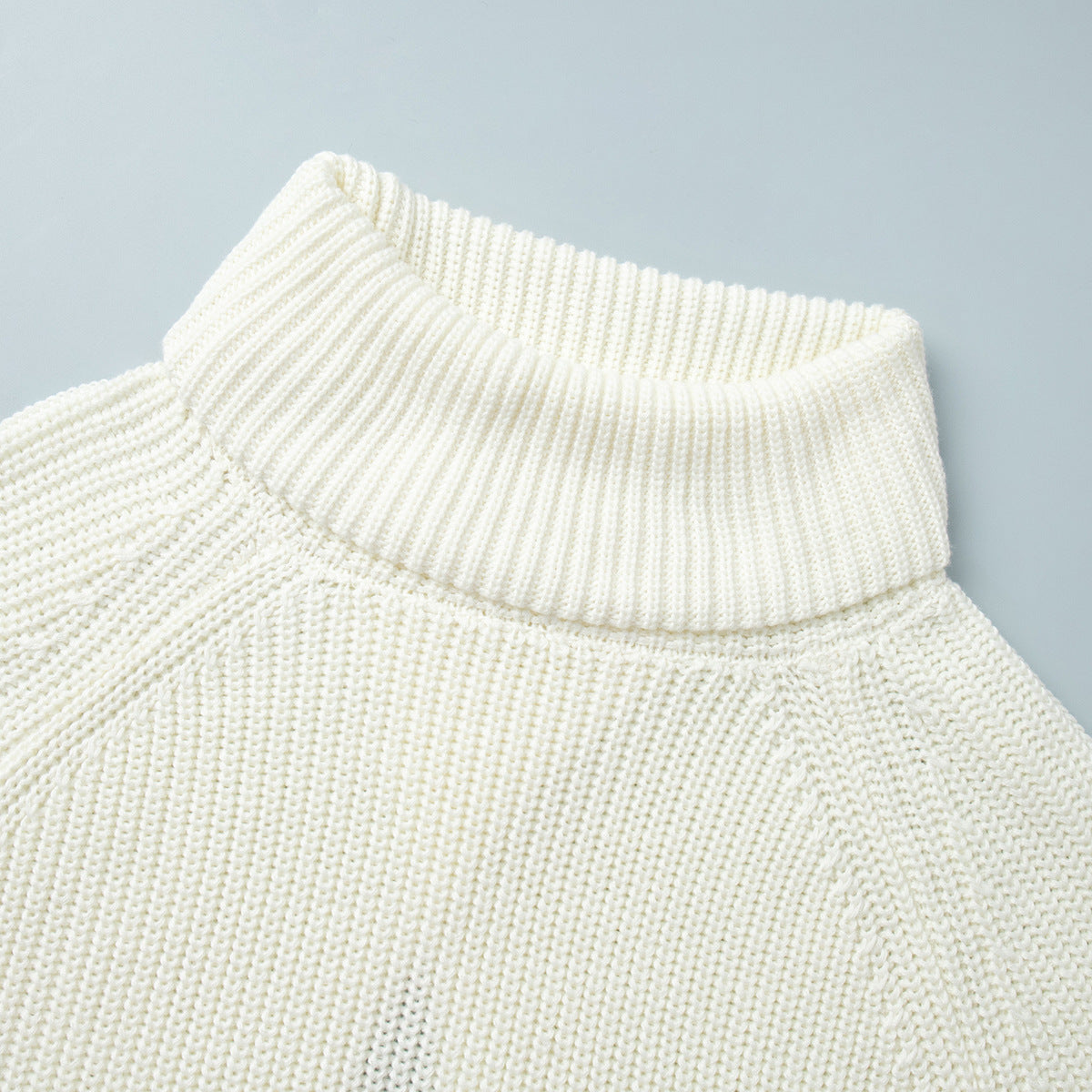 Split Back Roll Neck Ribbed Knit Sweater - Beige - 2