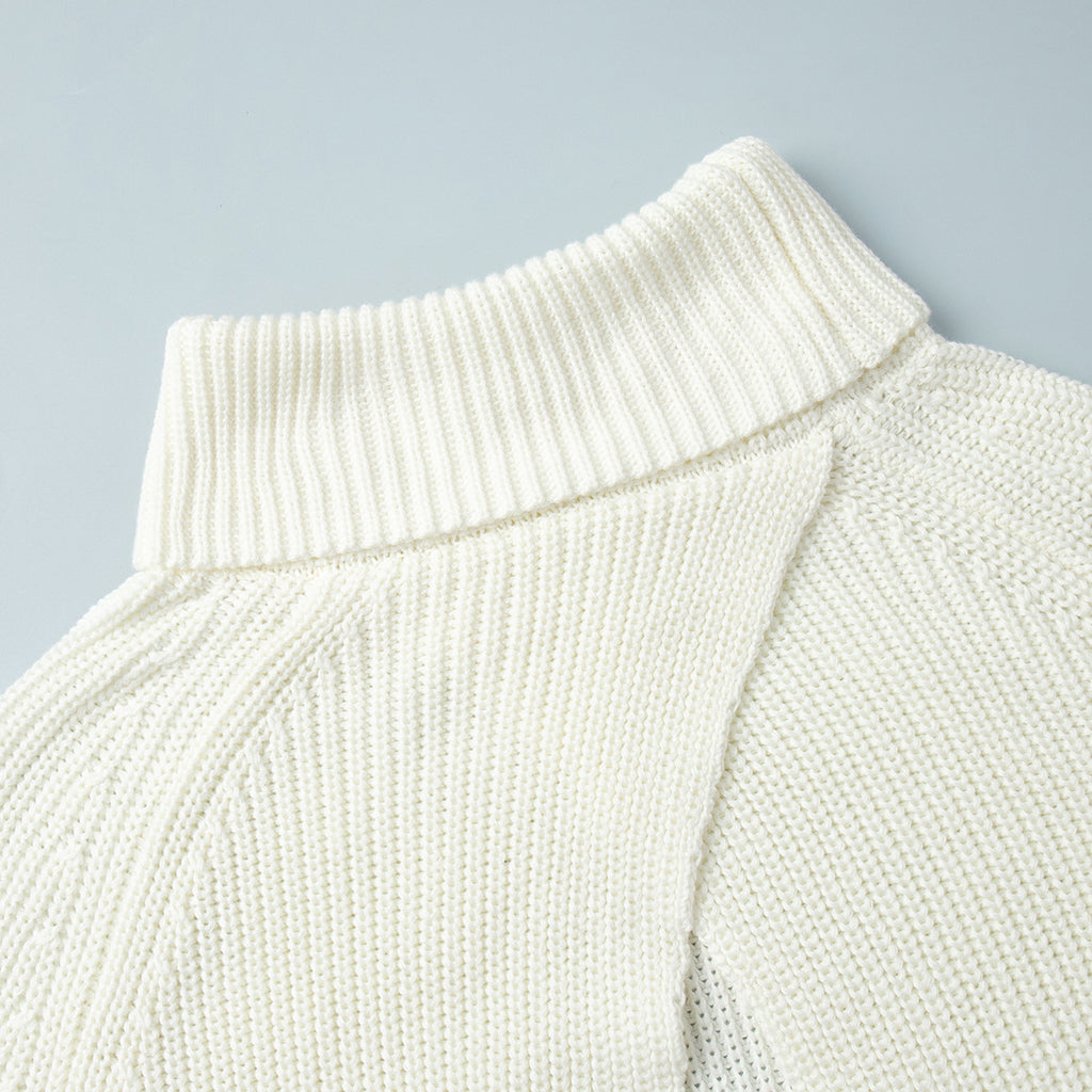 Split Back Roll Neck Ribbed Knit Sweater - Beige - 3