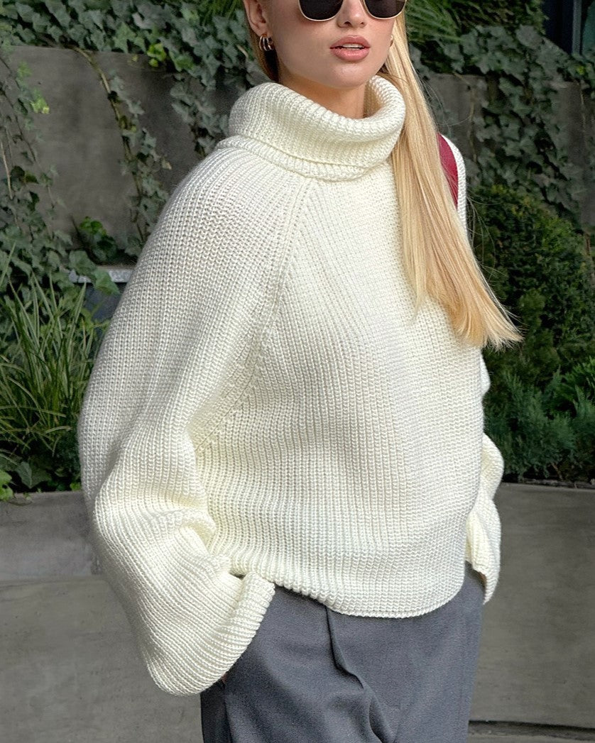 Split Back Roll Neck Ribbed Knit Sweater - Beige - 6