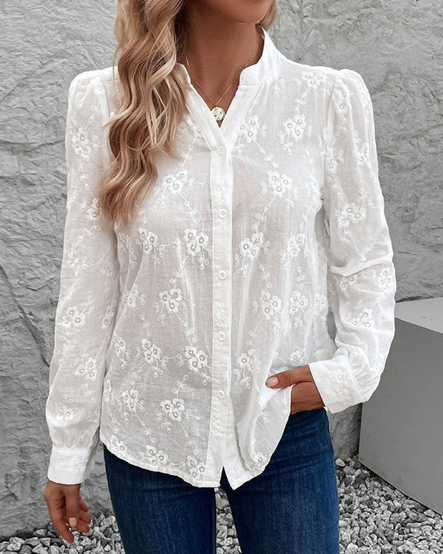 Floral Eyelet Jacquard Button Front Shirt - White - 1