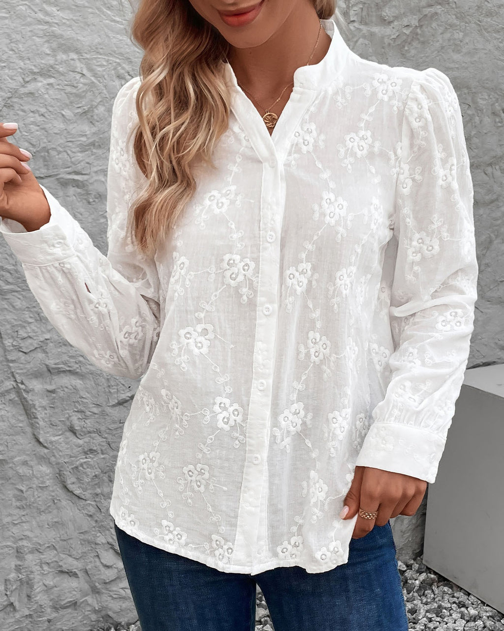Floral Eyelet Jacquard Button Front Shirt - White - 2