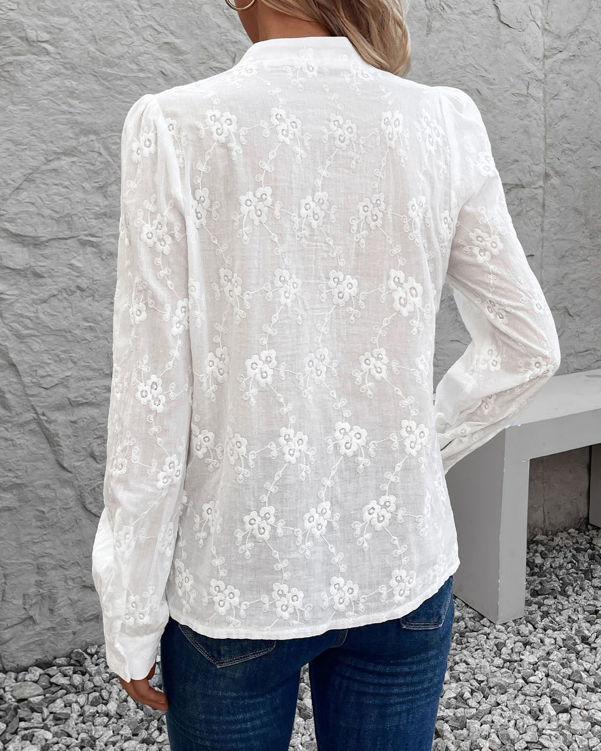 Floral Eyelet Jacquard Button Front Shirt - White - 3