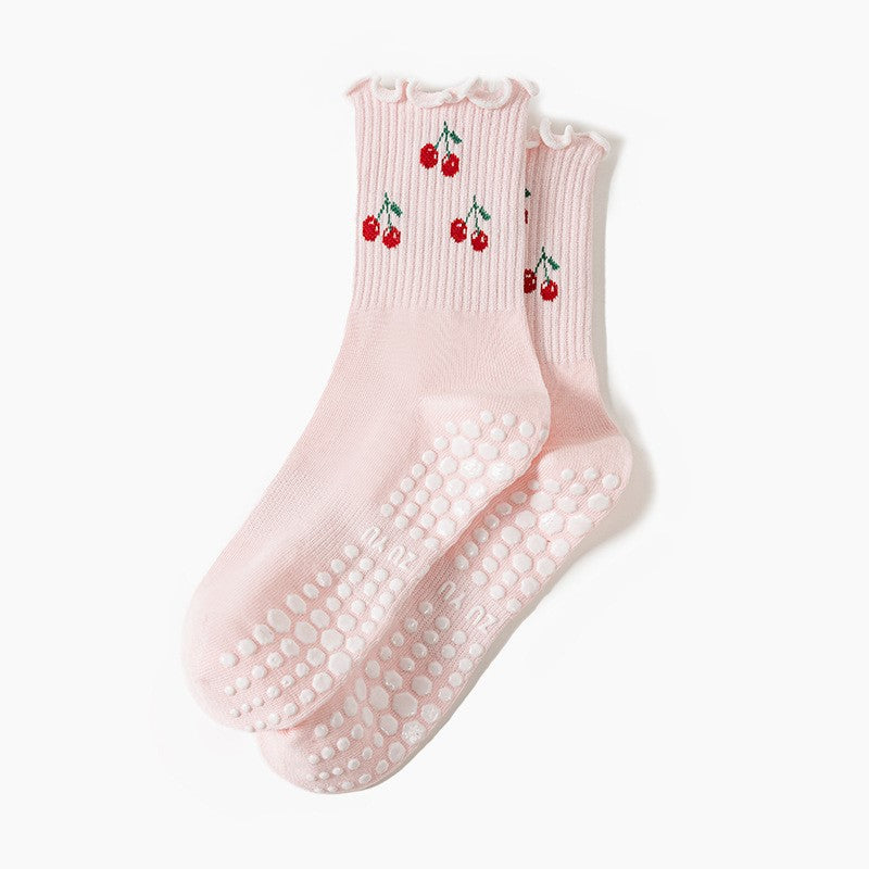 Frilled Cuff Fruit Motif Grip Socks - Cherry