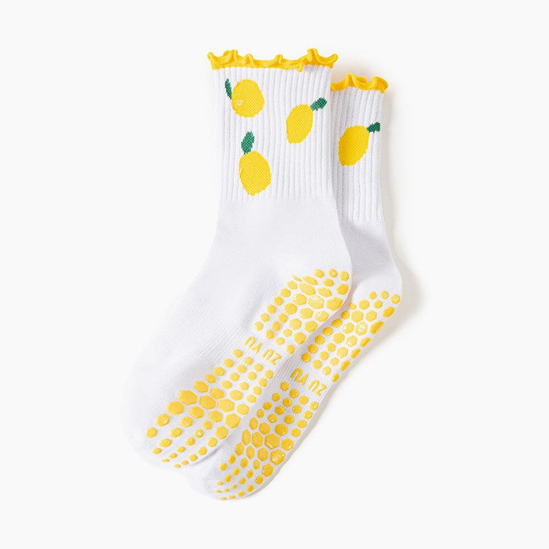 Frilled Cuff Fruit Motif Grip Socks - Pear