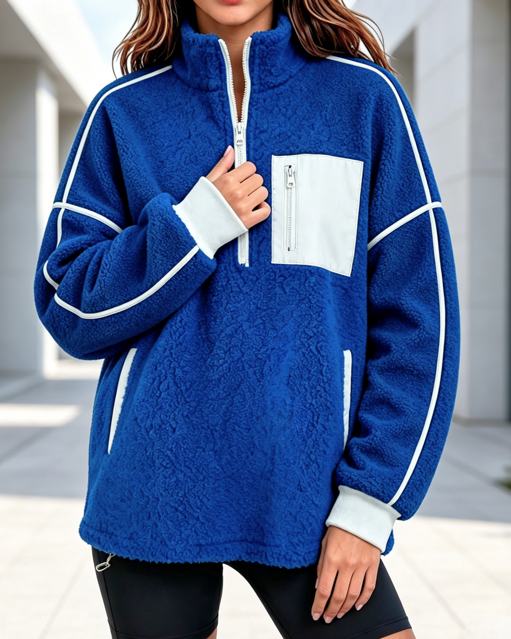Sherpa Fleece Half Zip Pullover Jacket - Blue