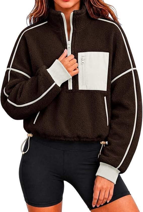 Sherpa Fleece Half Zip Pullover Jacket - Coffee