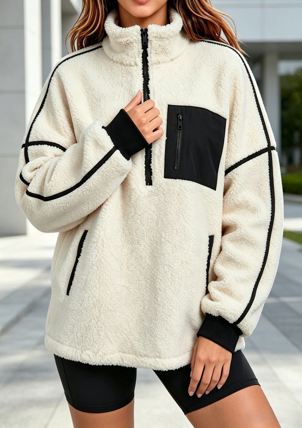 Sherpa Fleece Half Zip Pullover Jacket - White_B - 1