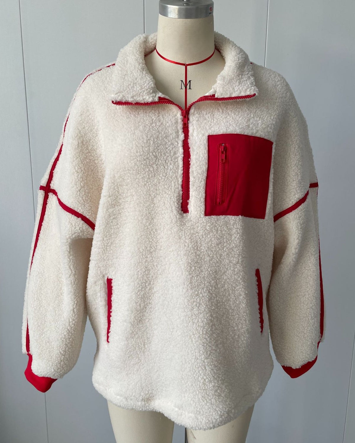 Sherpa Fleece Half Zip Pullover Jacket - White_R