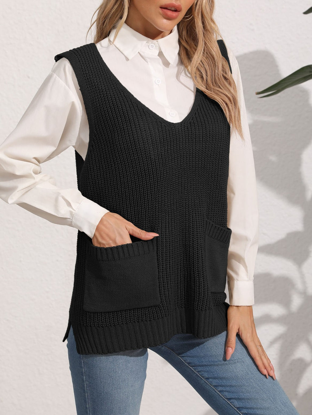 Longline Ribbed Knit Vest With Pockets - Black