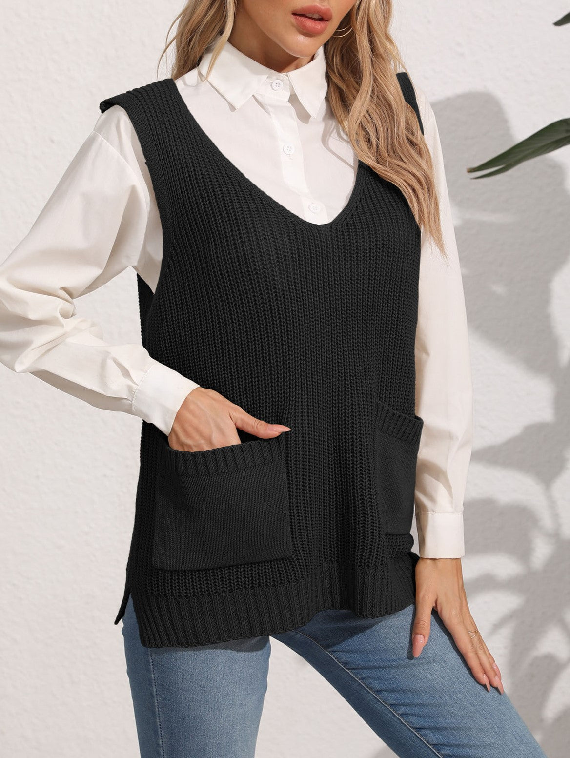 Longline Ribbed Knit Vest With Pockets - Black