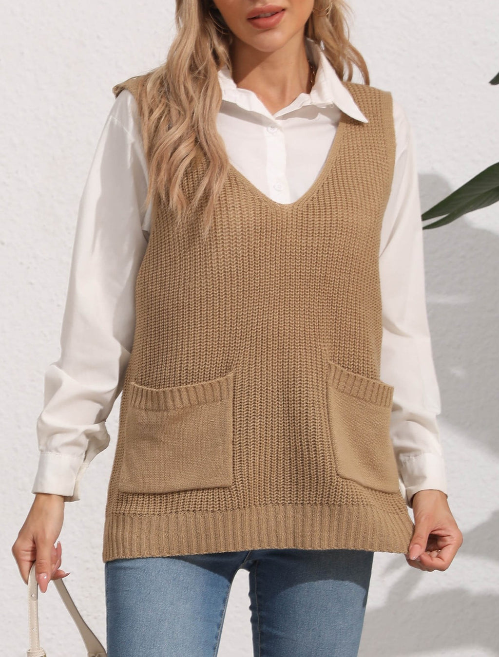 Longline Ribbed Knit Vest With Pockets - Khaki