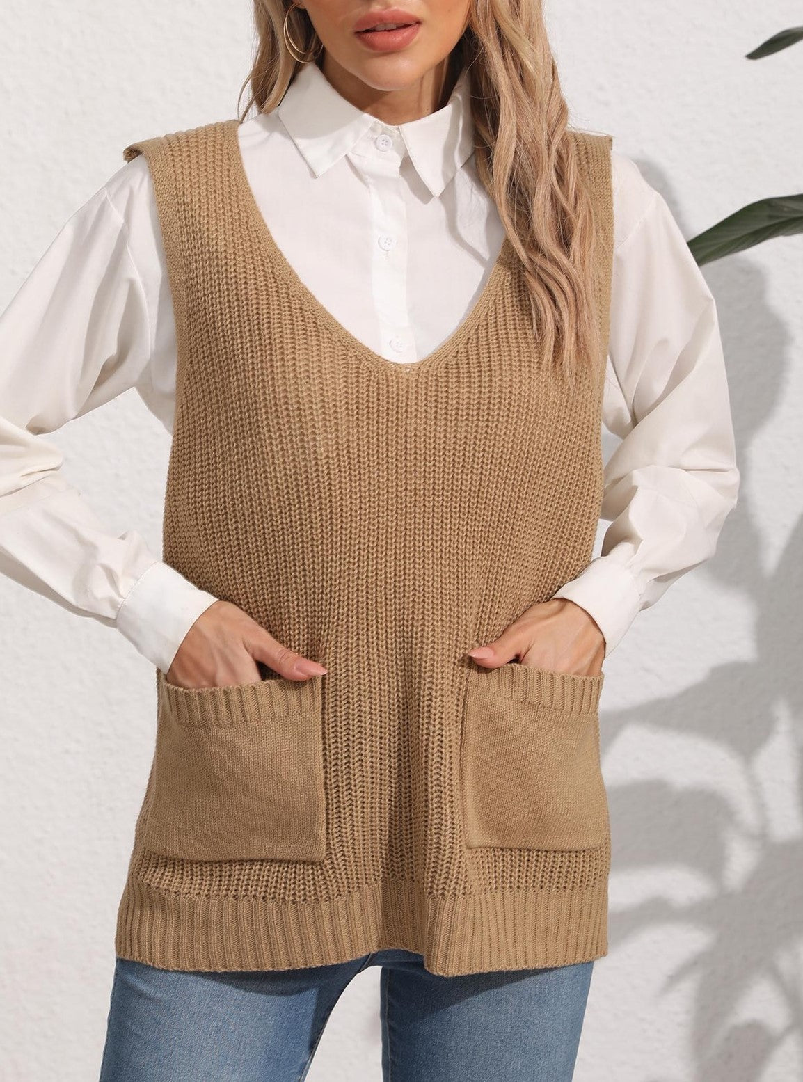 Longline Ribbed Knit Vest With Pockets - Khaki - 1