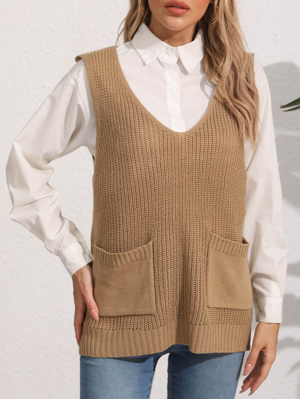 Longline Ribbed Knit Vest With Pockets - Khaki - 2