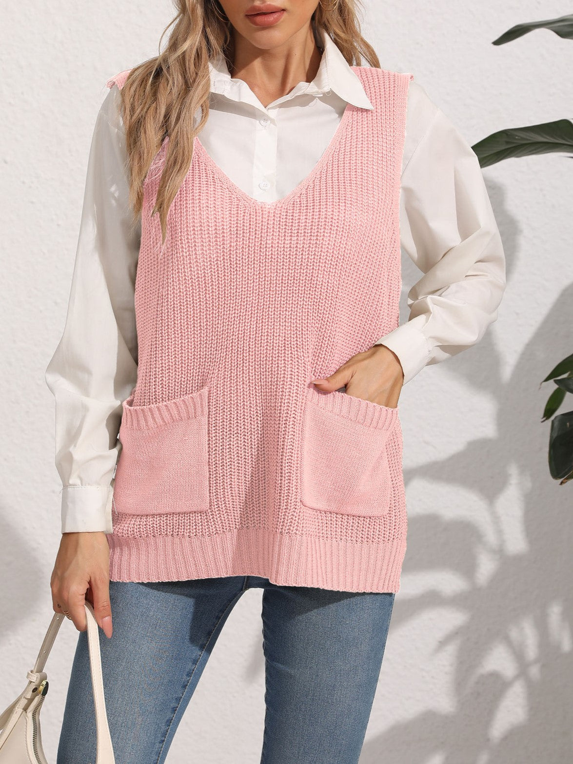 Longline Ribbed Knit Vest With Pockets - Pink