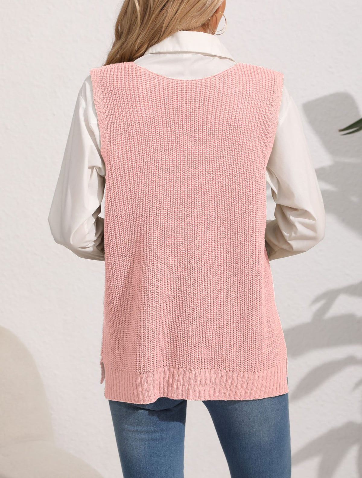 Longline Ribbed Knit Vest With Pockets - Pink - 1