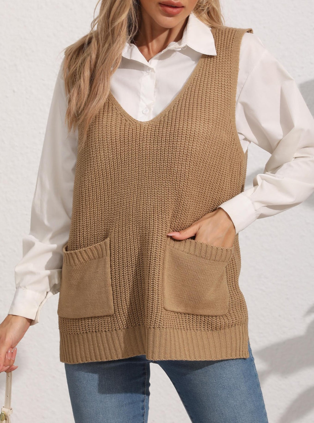 Longline Ribbed Knit Vest With Pockets - view 1