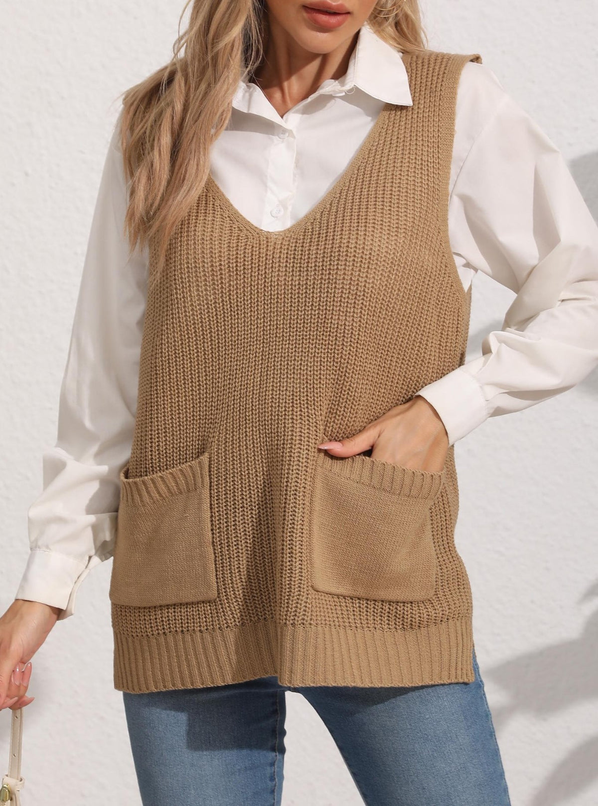 Longline Ribbed Knit Vest With Pockets - view 1
