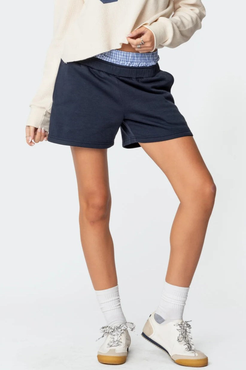 Gingham Waistband Sweat Shorts - DarkBlue - 1