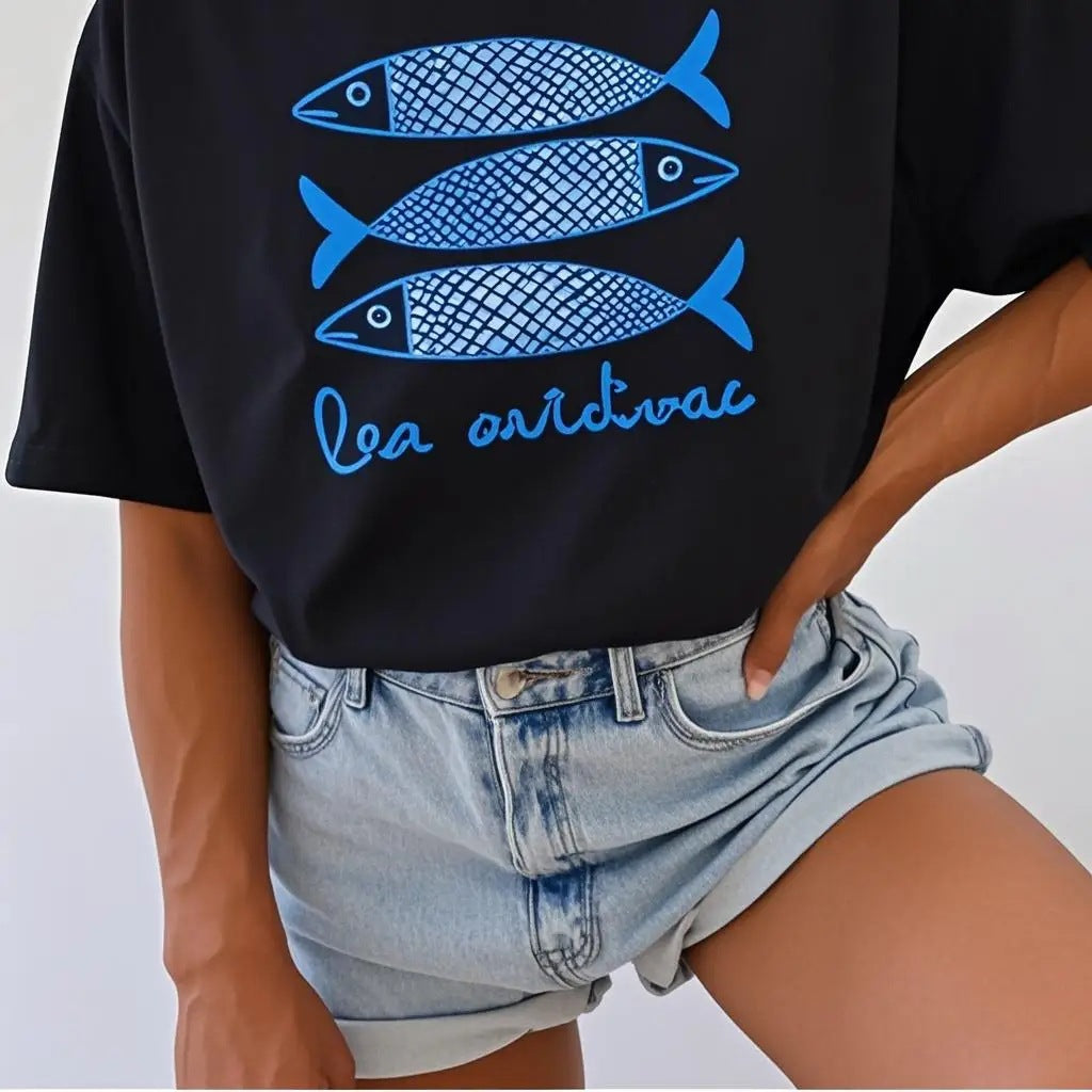 Fish Graphic Relaxed Cotton Crewneck Tee - Black