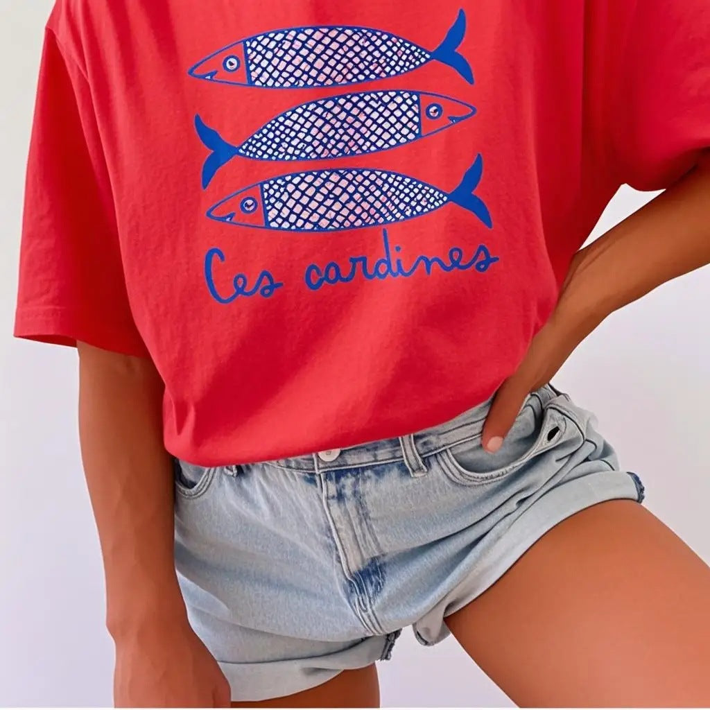 Fish Graphic Relaxed Cotton Crewneck Tee - Red