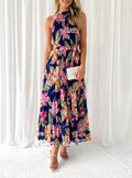 Floral Pleated Halter Neck Maxi Dress - Navyblue