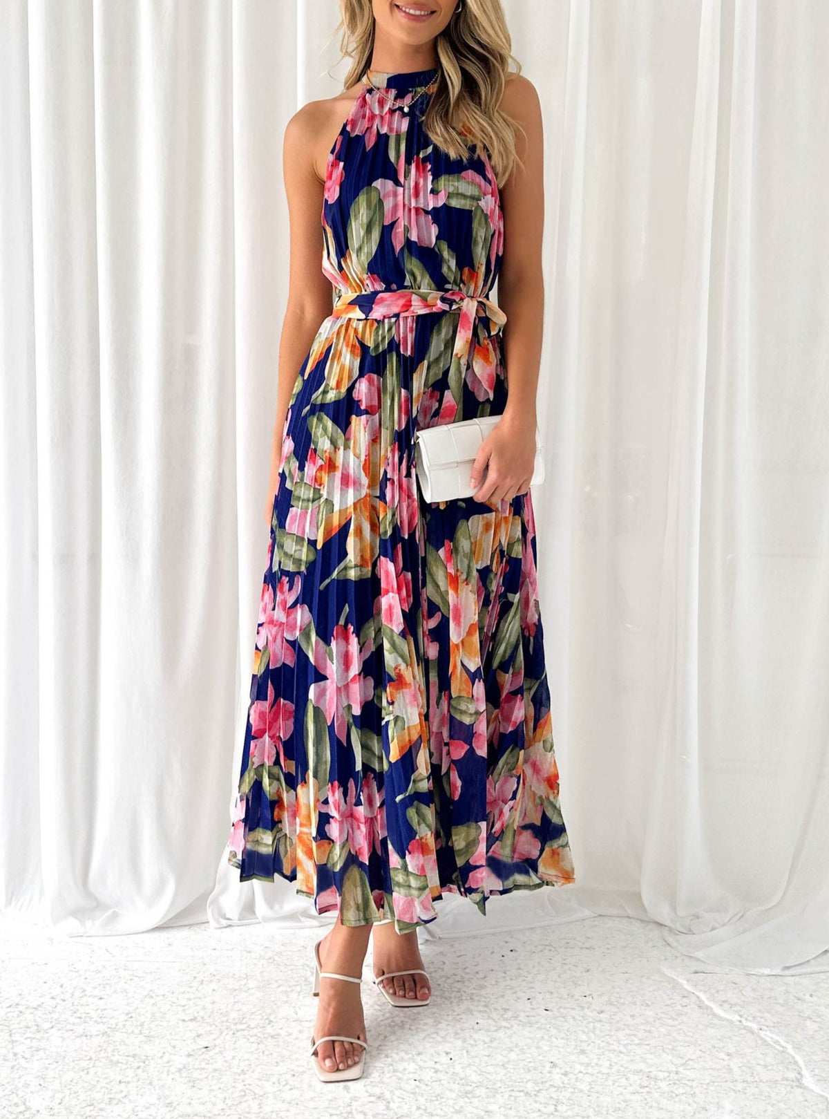 Floral Pleated Halter Neck Maxi Dress - Navyblue