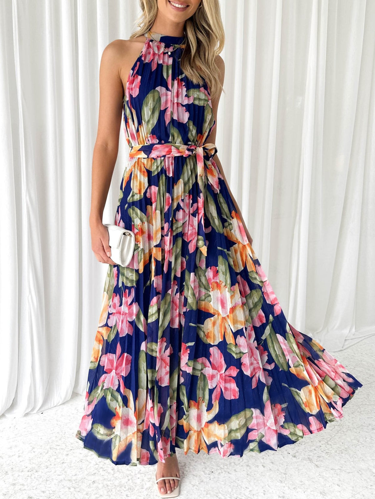 Floral Pleated Halter Neck Maxi Dress - Navyblue - 4