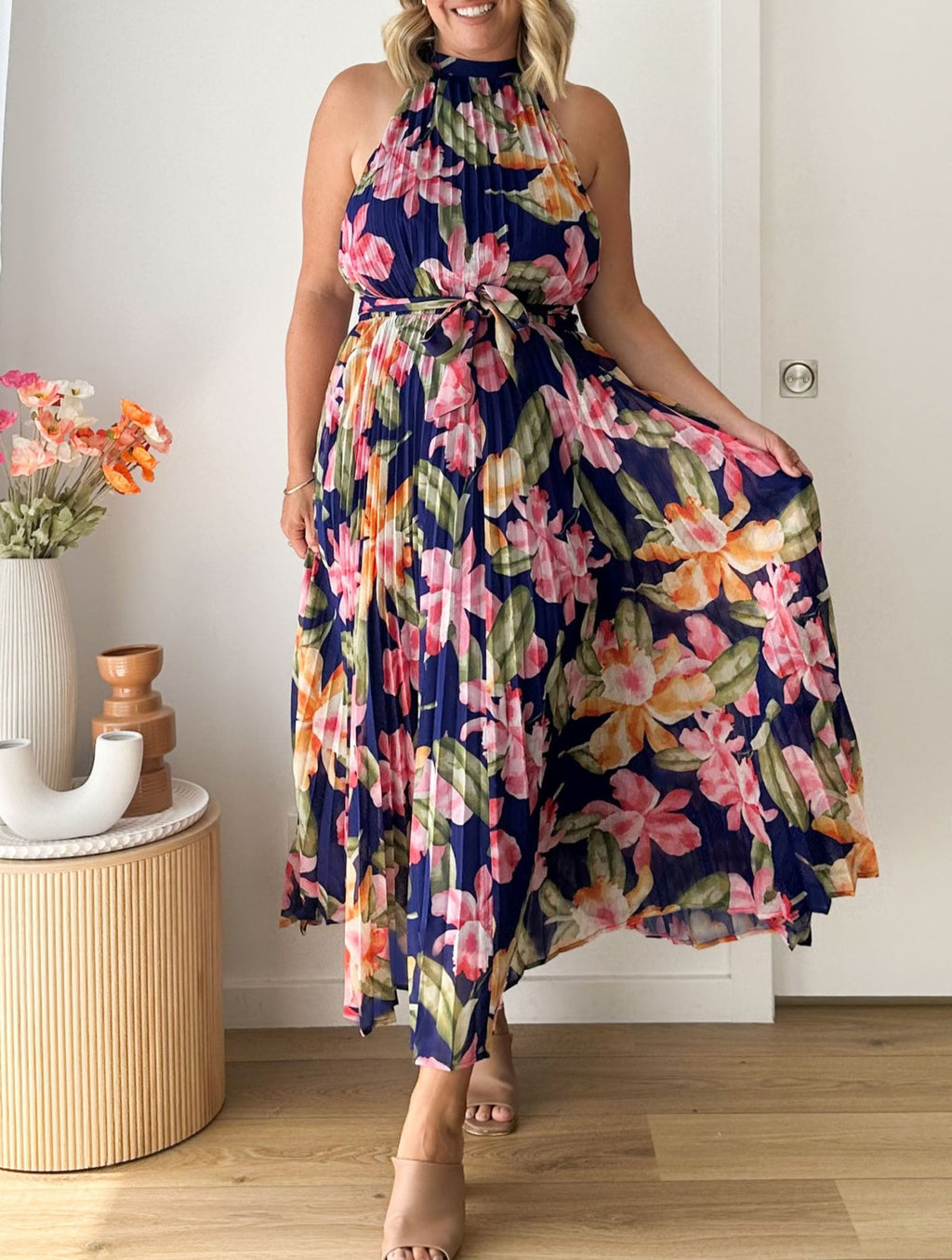 Floral Pleated Halter Neck Maxi Dress - Navyblue - 5