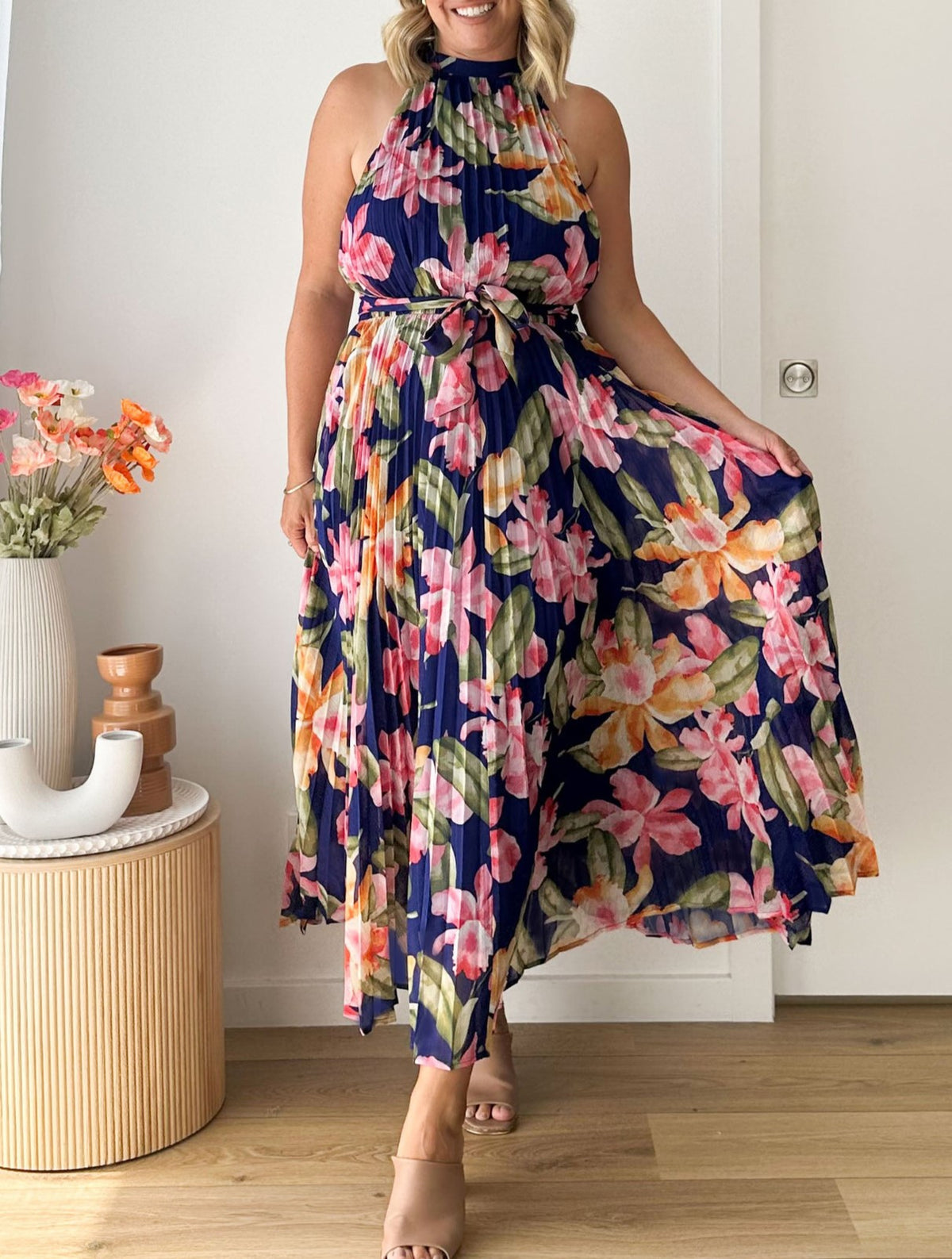 Floral Pleated Halter Neck Maxi Dress - Navyblue - 5