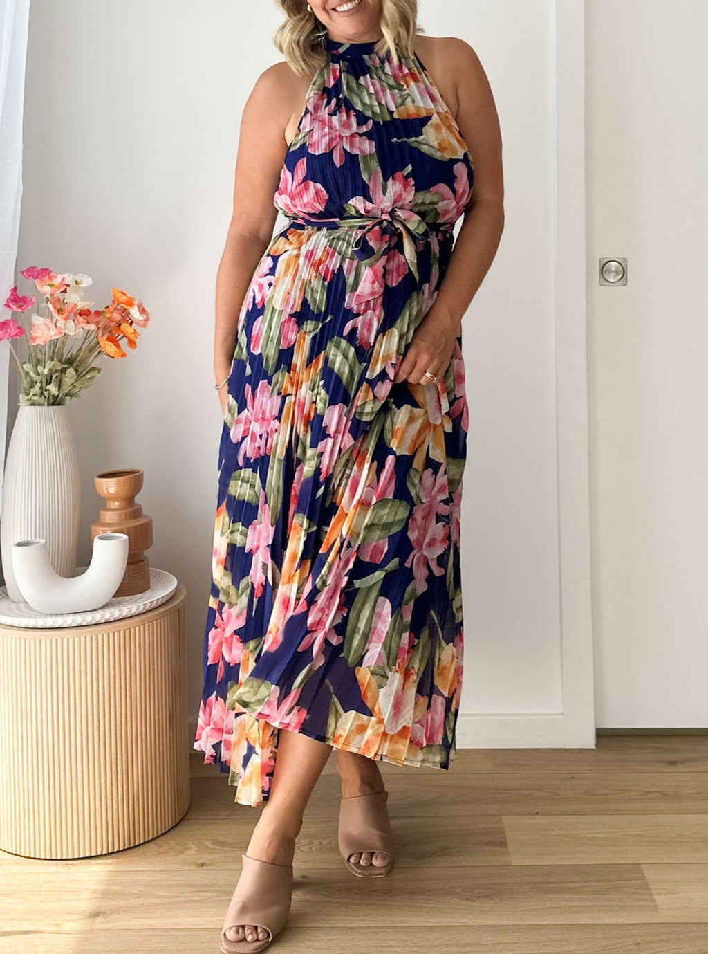 Floral Pleated Halter Neck Maxi Dress - Navyblue - 6