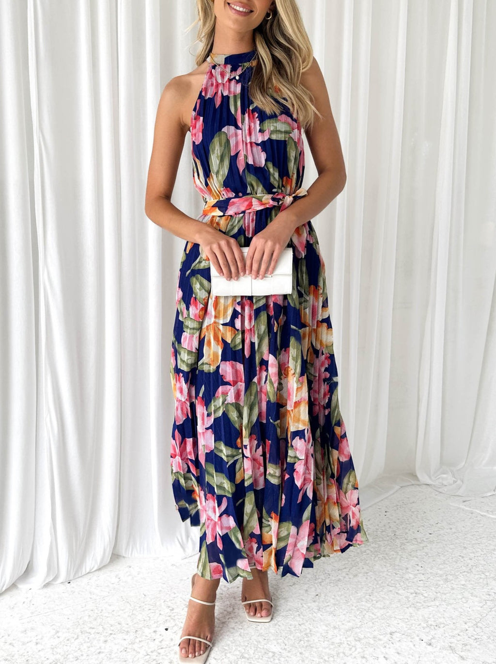 Floral Pleated Halter Neck Maxi Dress