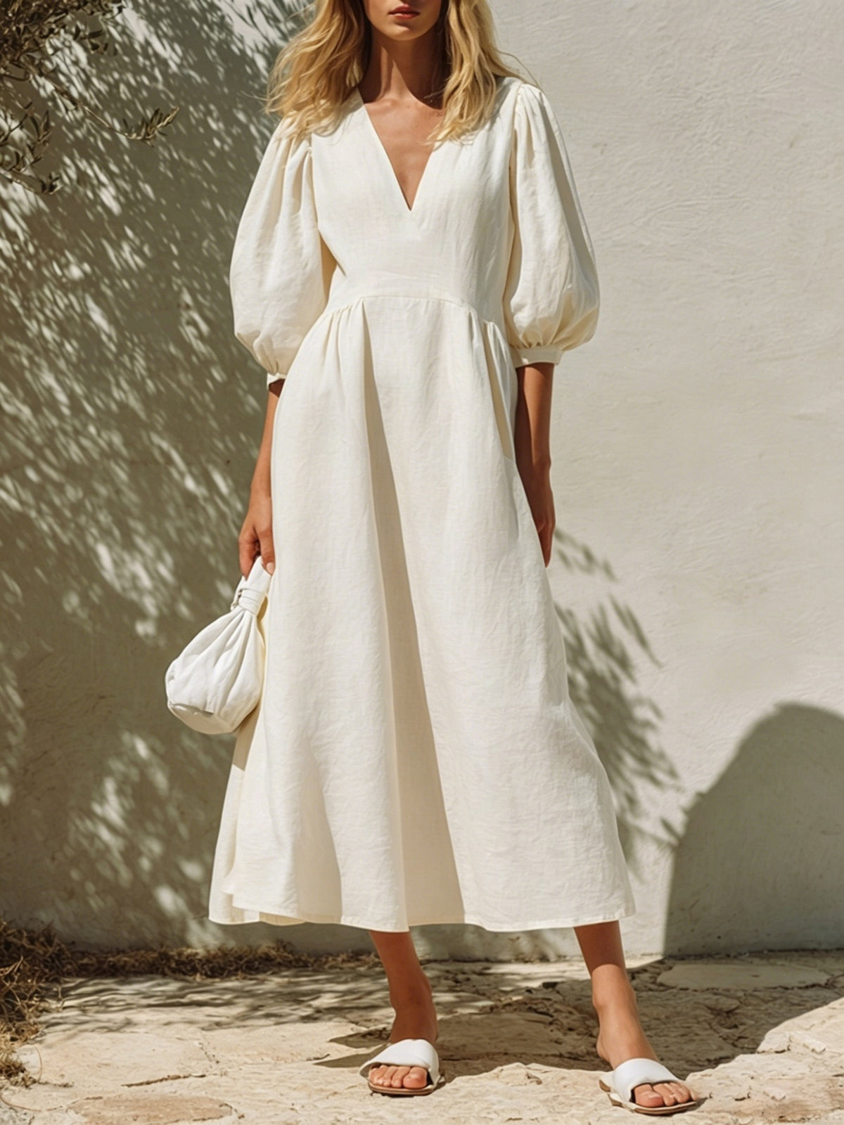 Puff Sleeve Pleated Waist A Line Midi Dress - Apricot