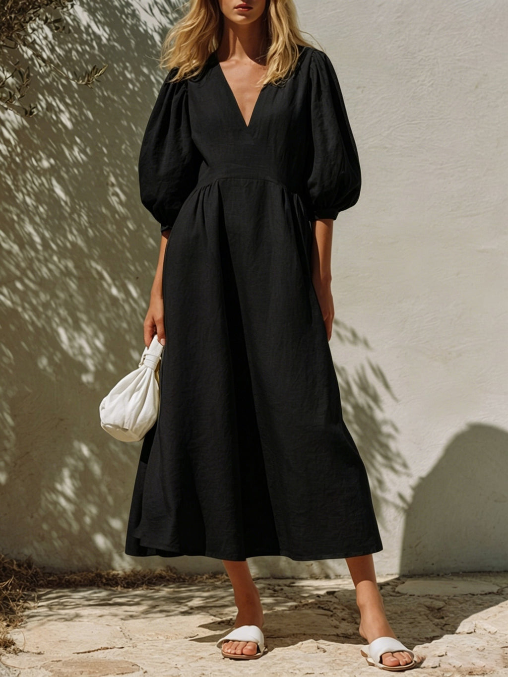 Puff Sleeve Pleated Waist A Line Midi Dress - Black
