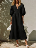 Puff Sleeve Pleated Waist A Line Midi Dress - Black