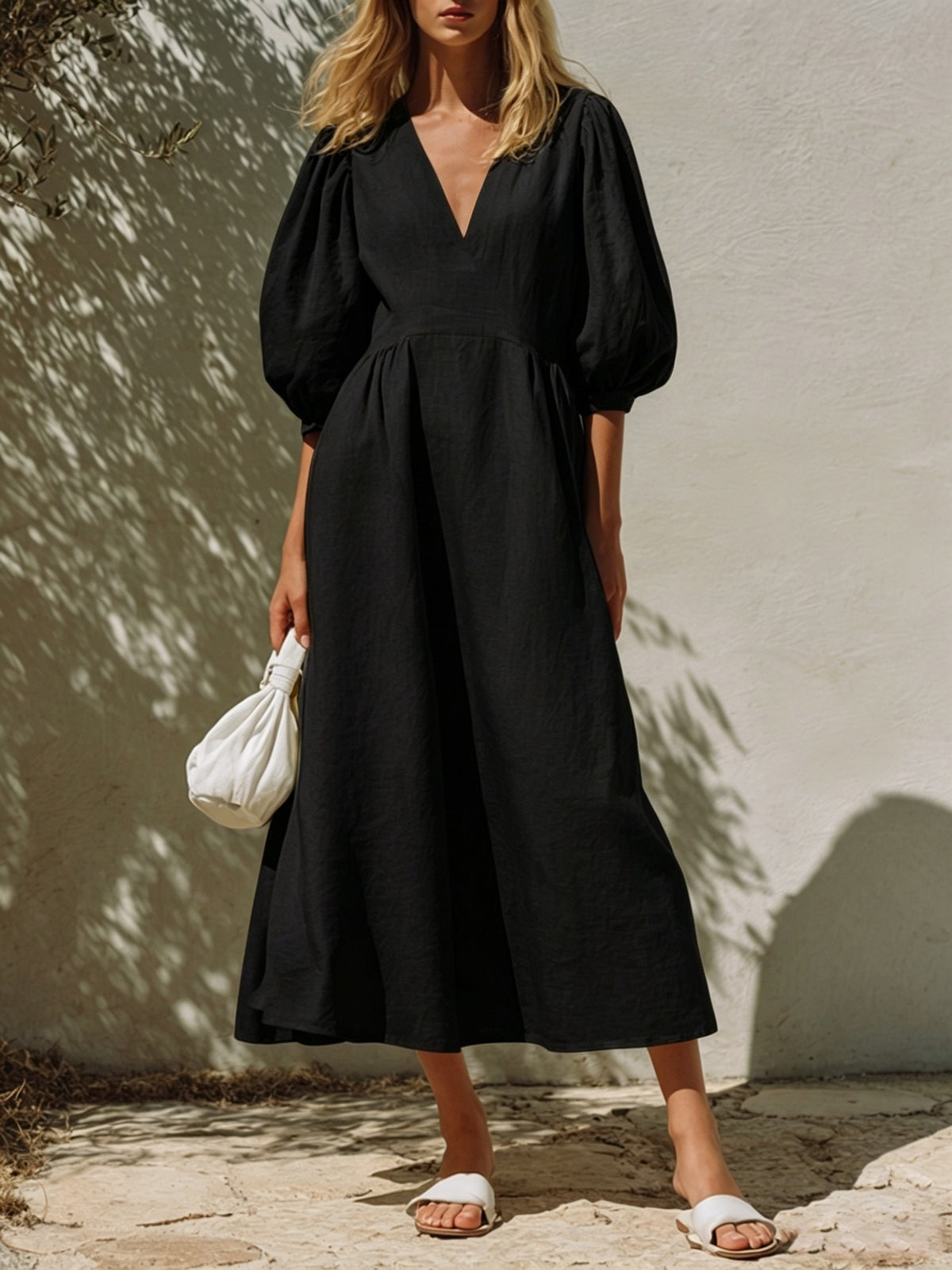 Puff Sleeve Pleated Waist A Line Midi Dress - Black